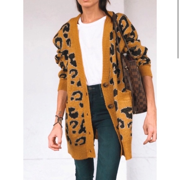 J.O.A Metallic Chunky Knit Leopard Cardigan M L - Picture 3 of 6